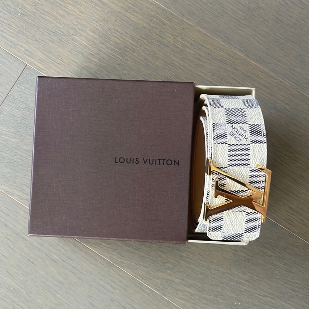 Louis Vuitton White and Gold Belt with Signature Damier Azur Pattern